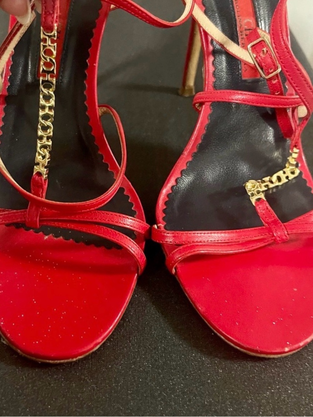 Carolina Herrera Red T-Strap Sandals with Gold Chain